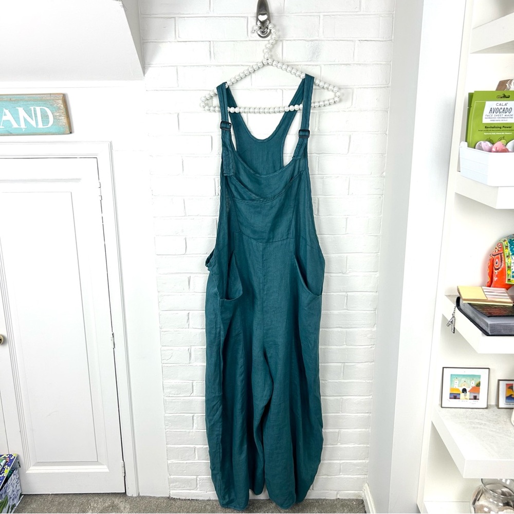 Cynthia Ashby Teal Oversized Baggy Linen Overalls Size M